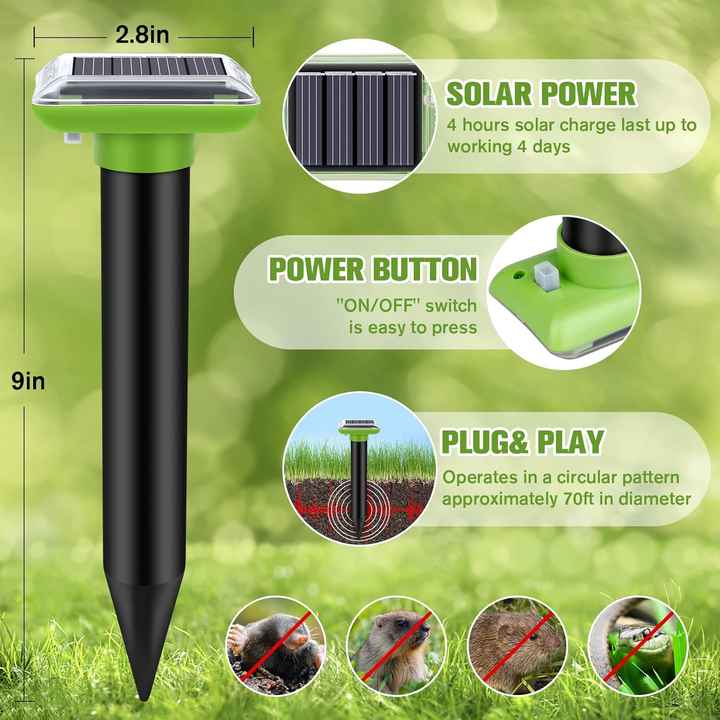 Mole Repeller, Solar Powered Animal Scarer Repellent for Garden