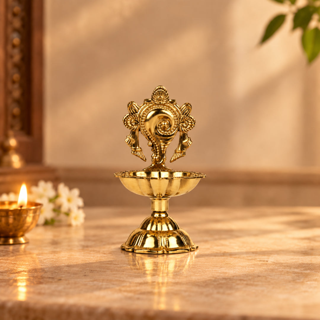 Brass Shankh Diya With Base