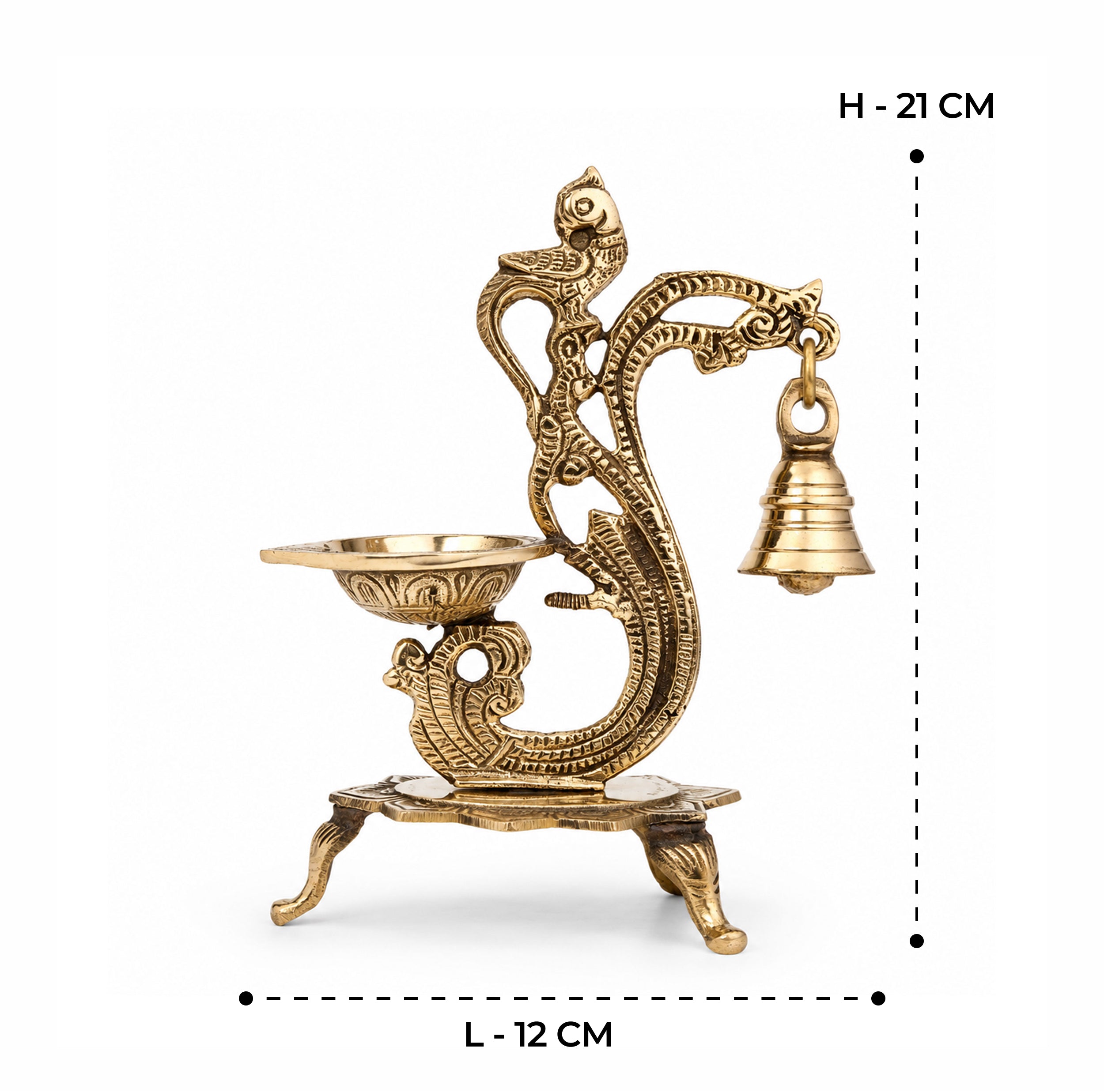 Antique Brass Peacock Diya with Hanging bell