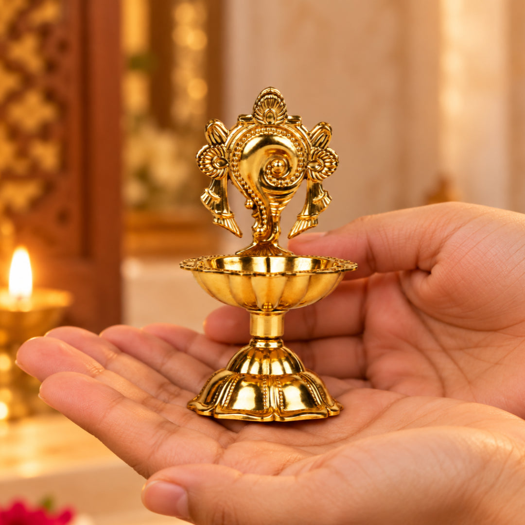 Brass Shankh Diya With Base