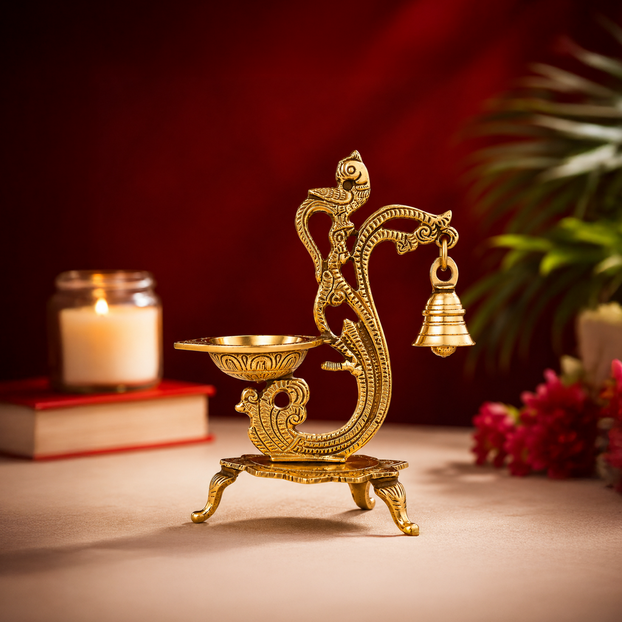 Antique Brass Peacock Diya with Hanging bell