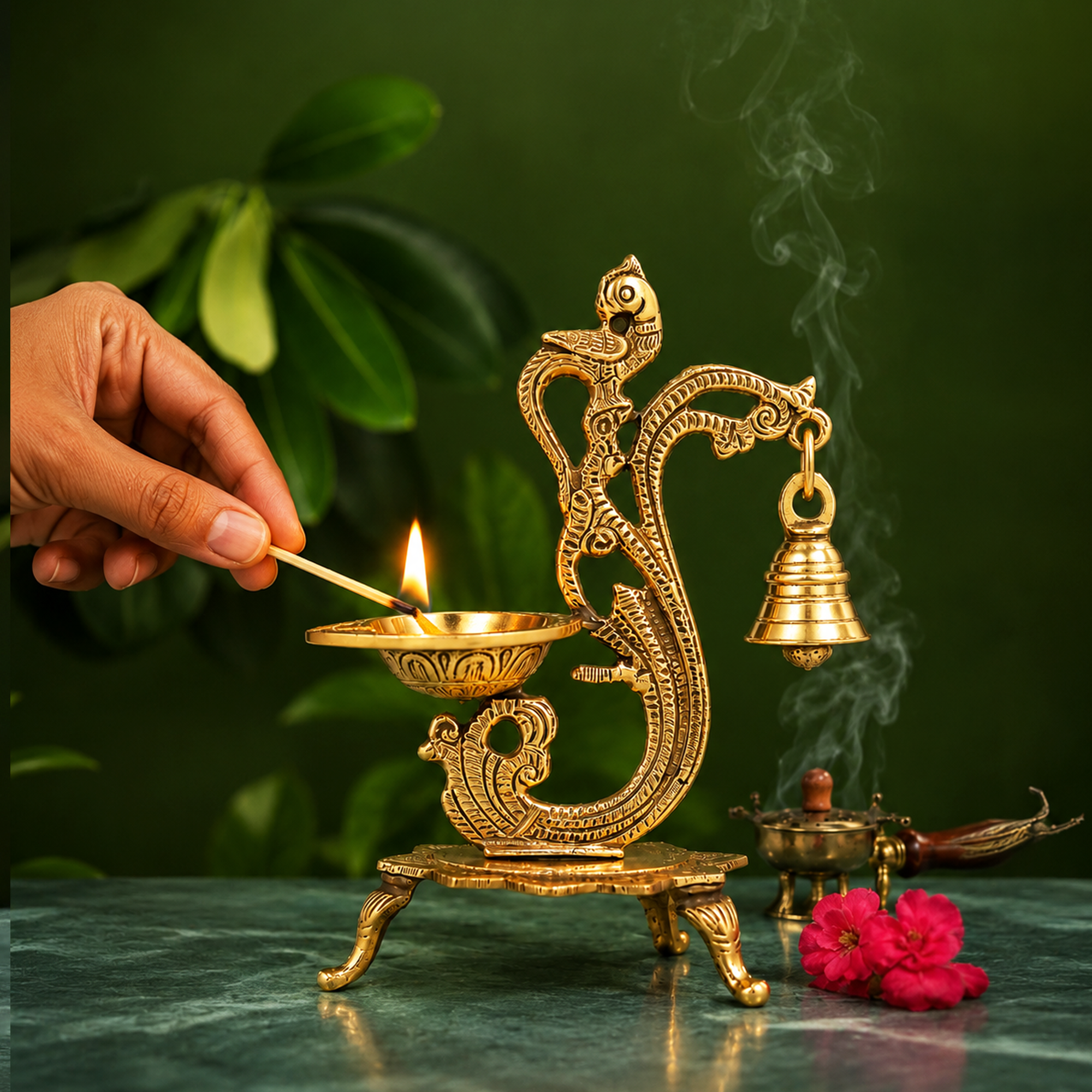 Antique Brass Peacock Diya with Hanging bell