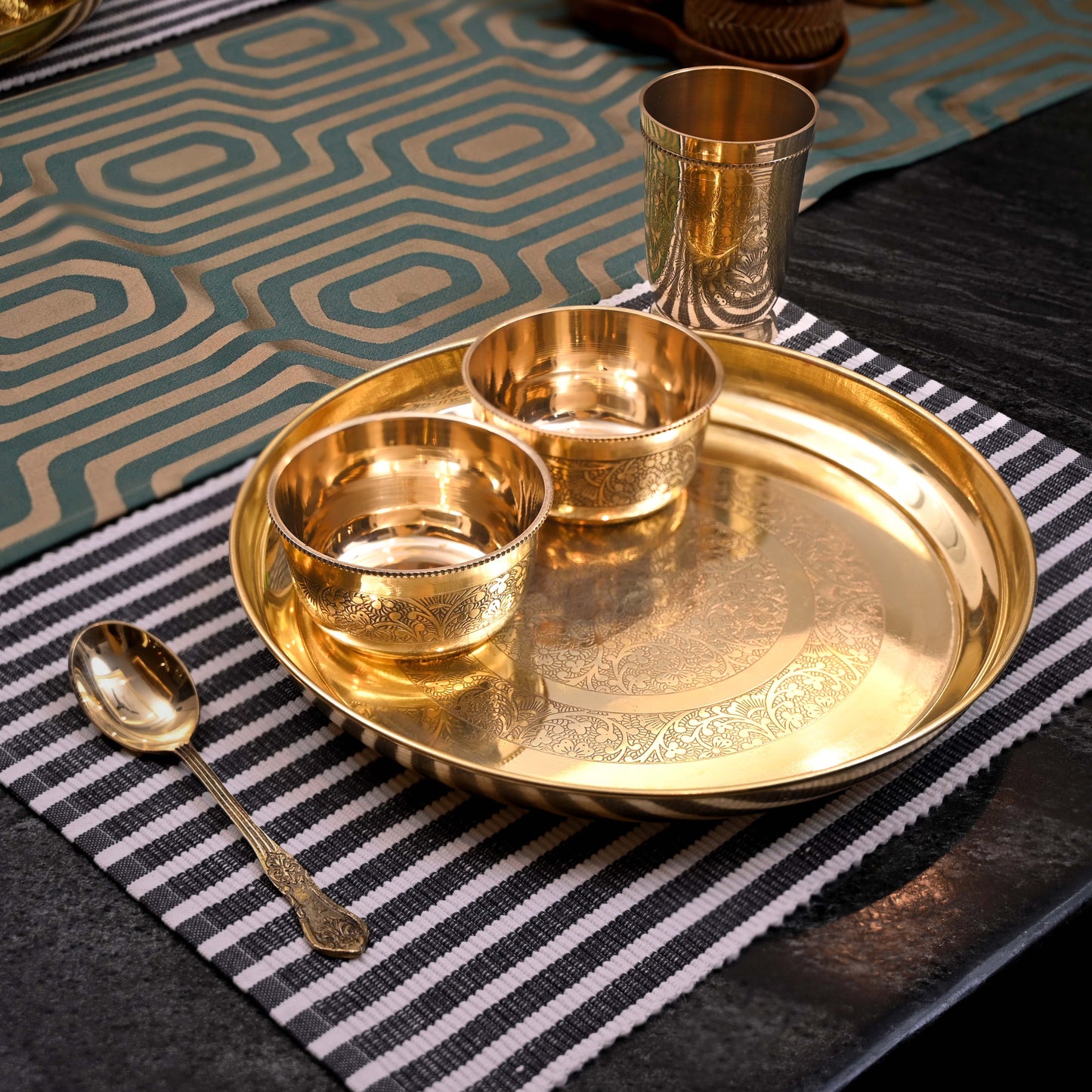 Brass Thaali Set | 5 Pieces Set | ( 1 Thaali, 2 Bowls, 1 Glass, 1 Spoon | Boost Immunity )