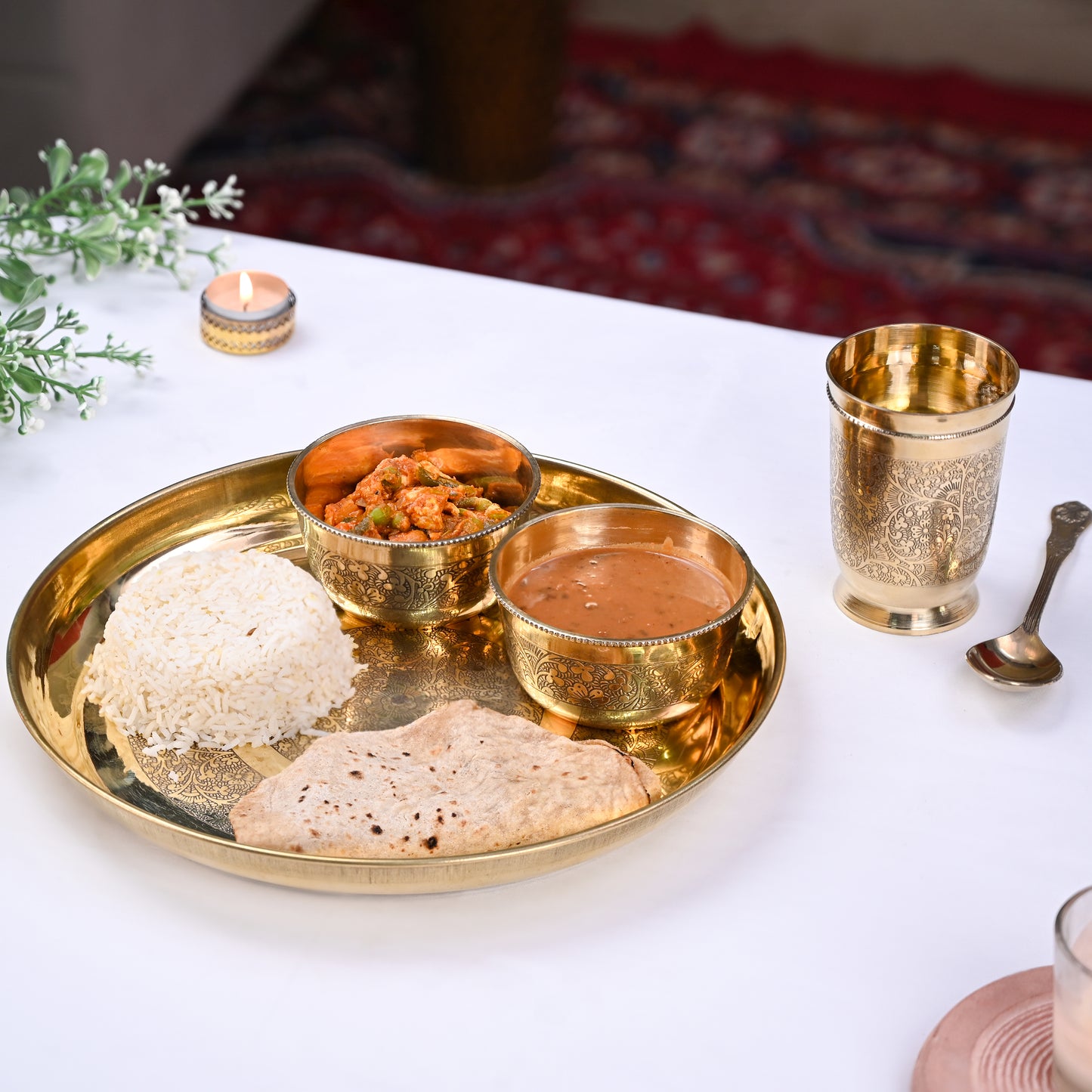 Brass Thaali Set | 5 Pieces Set | ( 1 Thaali, 2 Bowls, 1 Glass, 1 Spoon | Boost Immunity )