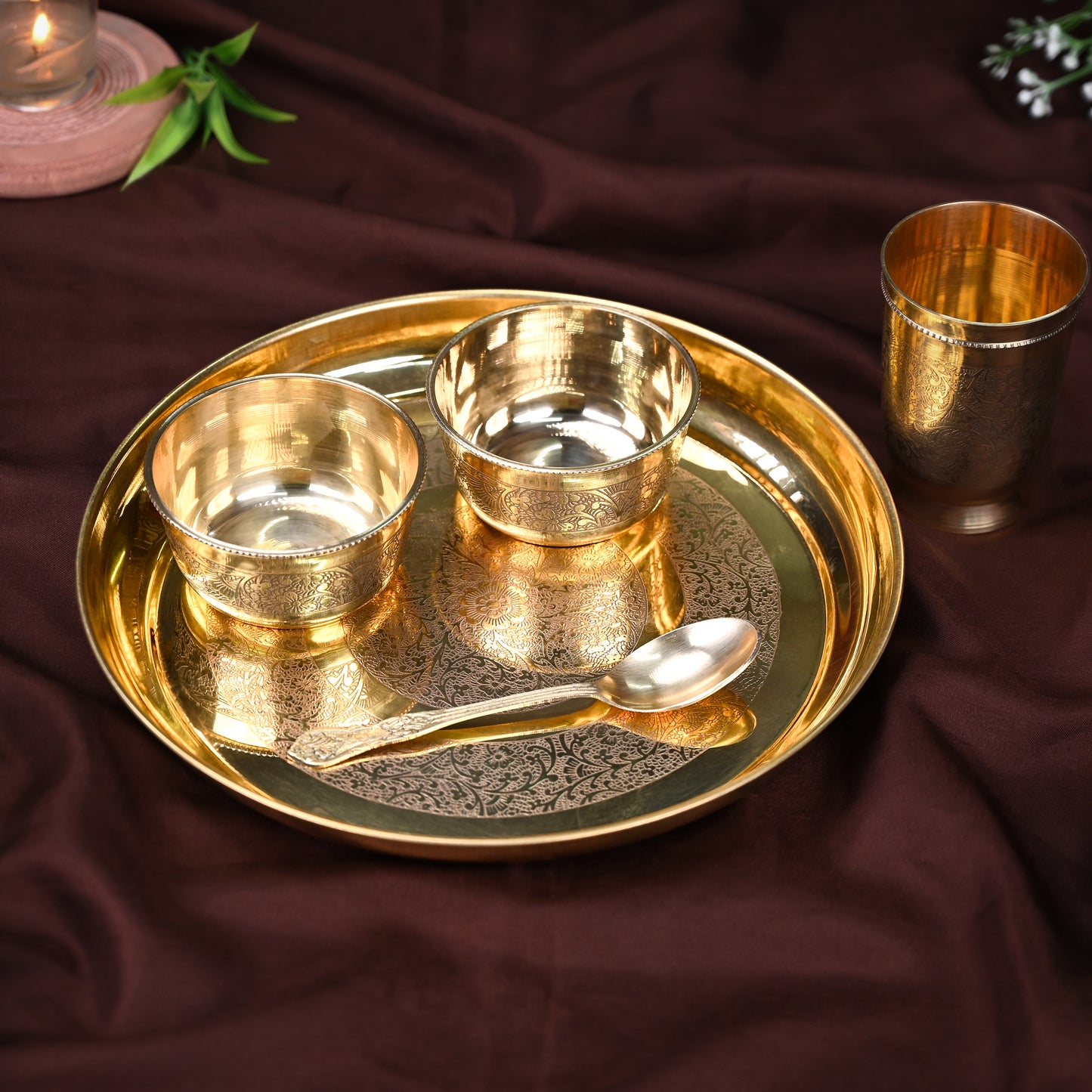 Brass Thaali Set | 5 Pieces Set | ( 1 Thaali, 2 Bowls, 1 Glass, 1 Spoon | Boost Immunity )