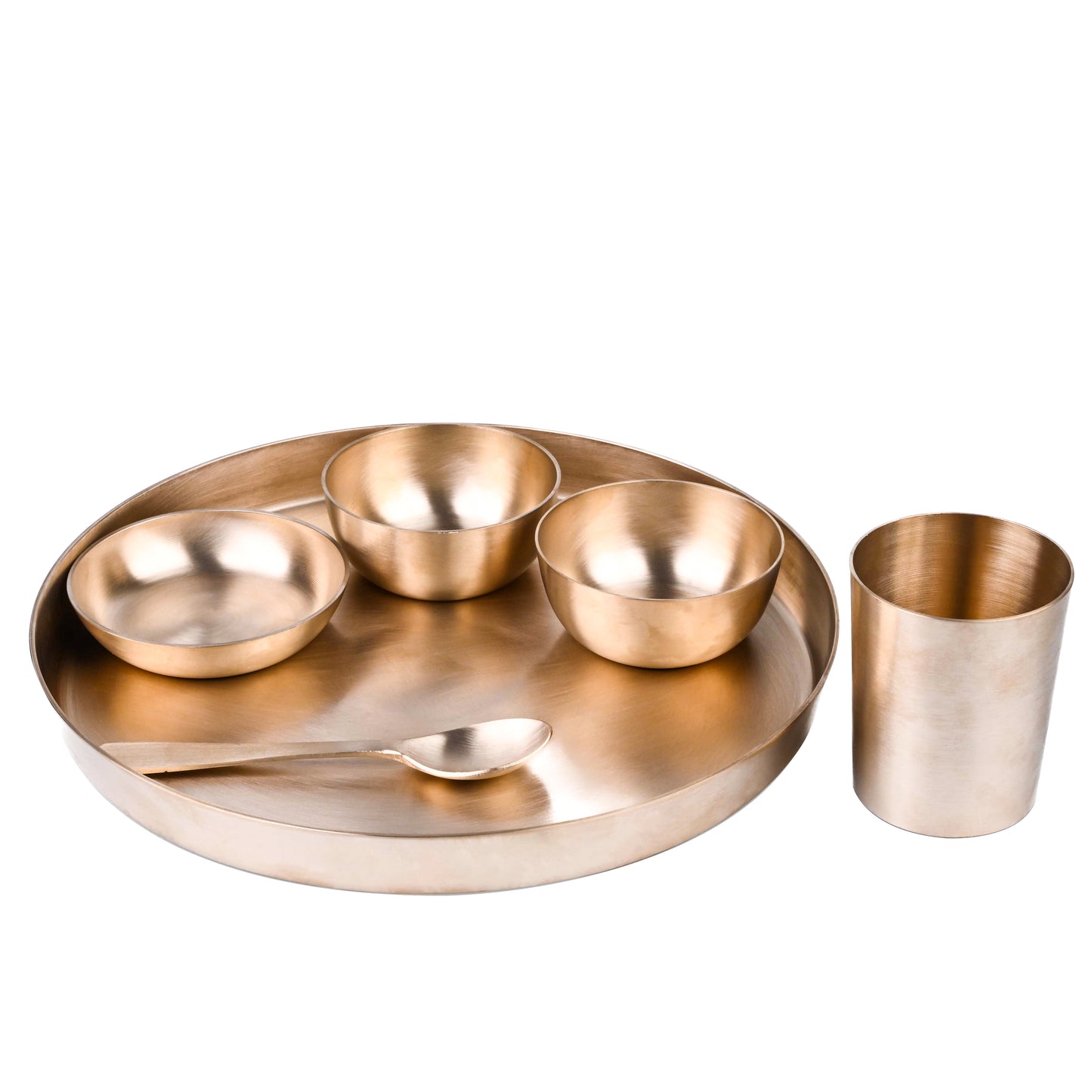 Kansa Thali Set | 6 Pieces Set | Mate 11 Inch Width 1 Thali, 2 Bowls, 1 Halwa bowl, 1 Glass, 1 Spoon | | Boost Immunity