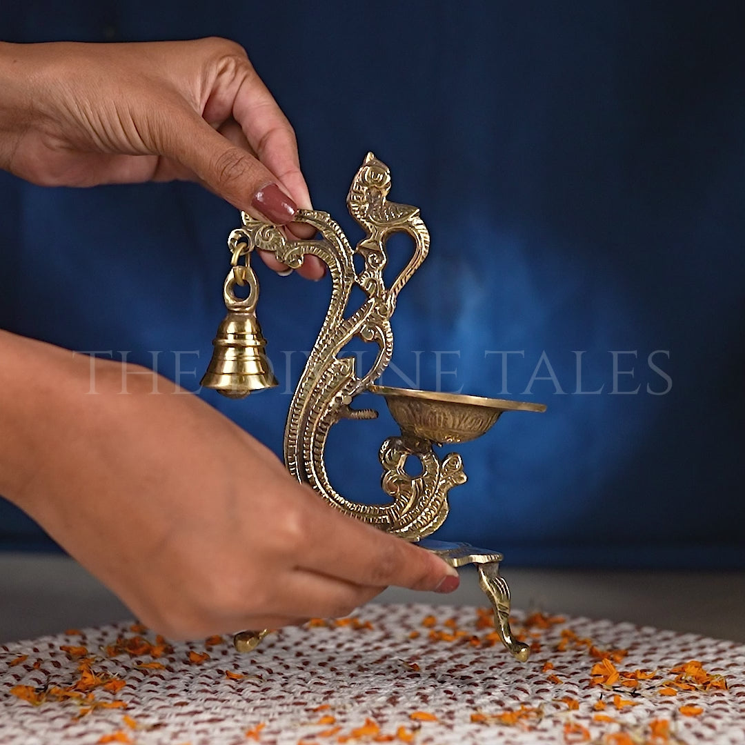 Antique Brass Peacock Diya with Hanging bell